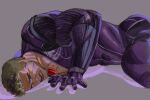  1boy alternate_hair_color ass bara blonde_hair bodysuit chris_redfield closed_eyes highres large_pectorals lying male_focus mitty56 muscular muscular_male open_mouth pectorals purple_bodysuit resident_evil resident_evil_5 short_hair simple_background solo 