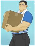  1boy amaimao bara blush box bulge cardboard_box carrying delivery employee_uniform facial_hair goatee highres looking_at_viewer male_focus mature_male muscular muscular_male original polo_shirt short_hair solo stubble sweatdrop thick_eyebrows towel towel_around_neck uniform 