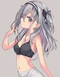  1girl alternate_costume black_bra black_hairband bra breasts cleavage cowboy_shot grey_background grey_eyes grey_hair hairband highres kantai_collection medium_breasts one_side_up shorts simple_background solo suzutsuki_(kancolle) underwear uut white_shorts 