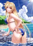  1girl ass bare_arms bikini blonde_hair blue_bikini blurry blurry_background breasts closed_mouth day fate_testarossa hair_between_eyes highres large_breasts leaning_forward long_hair looking_at_viewer looking_back lyrical_nanoha mahou_shoujo_lyrical_nanoha_strikers ocean outdoors red_eyes sideboob smile solo sougetsu_izuki standing straight_hair summer swimsuit very_long_hair wading 