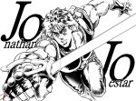  1boy araki_hirohiko_(style) character_name commentary_request electricity fingerless_gloves gloves hamon hatching_(texture) highres jojo_no_kimyou_na_bouken jonathan_joestar luck_and_pluck male_focus monochrome muscular official_style open_mouth phantom_blood smile solo spot_color sword taki_reki weapon 