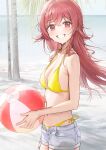  1girl ame_(uten_cancel) ball bare_arms bare_shoulders beachball bikini blush breasts character_request check_character check_copyright cleavage collarbone commentary_request copyright_request highres holding holding_ball holding_beachball idolmaster idolmaster_shiny_colors komiya_kaho long_hair looking_at_viewer medium_breasts navel outdoors red_eyes red_hair short_shorts shorts smile solo swimsuit tree water wet yellow_bikini 
