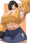  1girl abs absurdres alternate_muscle_size biceps blue_skirt blush book breasts brown_eyes brown_hair clipboard curvy denim denim_skirt flexing highres holding holding_clipboard kawakami_sadayo large_breasts midriff miniskirt muscle_growth musctonk muscular muscular_female navel open_mouth persona persona_5 shirt short_hair simple_background skirt solo thick_thighs thighs torn_clothes torn_shirt yellow_shirt 