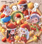  1girl 4boys :o absurdres antlers barefoot bell bird_footprints bird_legs black_hair brown_background brown_eyes candy candy_cane chibi christmas christmas_wreath closed_eyes deer deer_antlers doujo_(onmyoji) food full_body grey_hair hat highres holding holding_candy holding_candy_cane holding_food holding_hairband horns japanese_clothes kariginu kurodouji long_hair long_sleeves looking_at_another merry_christmas multiple_boys oguna_(onmyoji) on_floor onmyoji pants profile puffy_pants red_eyes red_hair red_headwear red_pants red_skirt santa_costume santa_hat shirodouji sitting skirt smile striped striped_headwear striped_pants striped_skirt vertical-striped_headwear vertical-striped_pants vertical-striped_skirt vertical_stripes white_hair wide_sleeves wings yellow_eyes yi_er_san yuki_douji_(onmyoji) 