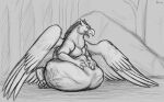  abdominal_bulge after_vore ambiguous_gender avian beak belly big_belly digestion feral feral_pred forest gryphon hand_on_stomach hi_res monochrome mythological_avian mythology plant sitting sketch thatgryphonguy tree vore wings 