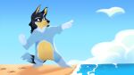 anthro australian_cattle_dog bandit_heeler beach bluey_(series) canid canine canis cattledog cloud detailed_background domestic_dog footprints fur gesture herding_dog hi_res krossan_(artist) male mammal multicolored_body multicolored_fur pastoral_dog pointing scenery seaside water 