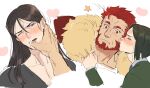  2boys bara beard black_hair black_shirt blush cape closed_eyes closed_mouth couple facial_hair fate/zero fate_(series) fur-trimmed_cape fur_trim green_shirt iskandar_(fate) jeje_(pixiv12541114) kiss kissing_cheek long_hair lord_el-melloi_ii lord_el-melloi_ii_case_files male_focus multiple_boys one_eye_closed red_cape red_hair shirt short_hair waver_velvet yaoi 