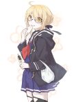  1girl ahoge artoria_pendragon_(fate) bag black_thighhighs blonde_hair blue_shirt blue_skirt blush braid breasts dango dim_sum eating fate/grand_order fate_(series) food french_braid glasses grocery_bag hair_between_eyes hair_bun hood hooded_jacket jacket kino_kokko long_hair long_sleeves looking_at_viewer medium_breasts mysterious_heroine_x_alter_(fate) mysterious_heroine_x_alter_(first_ascension)_(fate) plaid plaid_scarf pleated_skirt purple_jacket red_scarf scarf shirt shopping_bag sidelocks skewer skirt solo thighhighs thighs wagashi yellow_eyes 