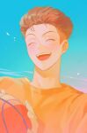  1boy :d ball basketball_(object) bishounen blue_sky blush brown_hair closed_eyes earrings highres holding holding_ball jewelry male_focus miyagi_ryouta sebin_13 shirt sky slam_dunk_(series) smile solo stud_earrings undercut upper_body wavy_hair yellow_shirt 