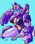  2023 absurd_res blue_background blue_eyes cybertronian dumbdelvon female hasbro hi_res humanoid machine metallic_body nautica not_furry on_ground purple_body robot robot_humanoid simple_background solo takara_tomy tools transformers wrench 