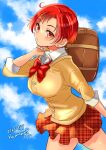  1girl aged_up bag bow bowtie cardigan earrings hair_ornament hairclip highres hino_akane_(smile_precure!) jewelry precure ramune02 red_bow red_bowtie red_eyes red_hair red_skirt school_bag short_hair skirt sky smile_precure! solo yellow_cardigan 