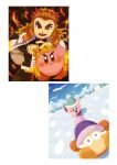  1boy absurdres black_jacket black_pants blonde_hair blush_stickers copy_ability crying demon_slayer_uniform fire highres jacket katana kimetsu_no_yaiba kirby kirby_(series) looking_at_viewer miclot multicolored_hair open_mouth pants pink_footwear purple_headwear red_eyes red_hair rengoku_kyoujurou shoes sidelocks simple_background smile snow snowball snowball_fight streaked_hair sword waddle_dee weapon white_background winter woollen_cap 