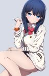  1girl absurdres black_hair black_skirt blue_eyes bow bowtie cardigan cellphone earphones expressionless grey_background gridman_universe highres holding holding_phone long_hair long_sleeves looking_at_viewer miniskirt noshimurin orange_scrunchie phone pleated_skirt red_bow red_bowtie school_uniform scrunchie shiny_skin simple_background skirt smartphone ssss.gridman takarada_rikka thighs white_cardigan wrist_scrunchie 