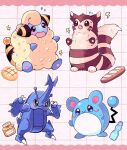  animal_focus baguette beetle bottle bread brown_fur bug commentary_request food furret grid_background heracross honey letterboxed lightning_bolt_symbol mareep marill mochopaccho no_humans pink_background pokemon pokemon_(creature) sheep simple_background smile solid_circle_eyes solid_oval_eyes water_bottle 