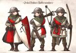  3girls armor arrow_(projectile) balance_scale_print belt boots bow_(weapon) braid brown_hair crossbow crossbow_bolt gambeson gloves helmet highres holding holding_bow_(weapon) holding_crossbow holding_weapon ironlily kettle_helm kite_shield medieval mid_neutral_sister_(ironlily) multiple_girls ordo_mediare_sisters_(ironlily) quiver scabbard sheath sheathed single_braid_sister_(ironlily) standing surcoat sword twin_braids_sister_(ironlily) weapon 