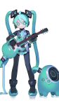  1girl absurdres ahoge amplifier android aqua_eyes aqua_hair aqua_necktie black_leggings black_skirt boots bright_pupils cable cheri_zao chromatic_aberration collared_shirt commentary detached_sleeves electric_guitar full_body guitar hatsune_miku hatsune_miku_(vocaloid3) headphones highres holding holding_instrument instrument leggings mechanical_parts necktie number_tattoo pleated_skirt robot_girl see-through see-through_sleeves shirt simple_background skirt solo standing tattoo twintails vocaloid white_background white_pupils 