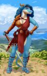  absurd_res anthro armor blue_hair blurred_background bottomwear caldira clothing colored_nails curled_hair dragon female footwear grass hair hi_res hill horn kelkessel knife melee_weapon multicolored_body nails plant red_eyes sandals sea skirt solo sword tattoo two_tone_body water weapon yellow_nails 