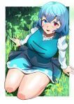  1girl :d absurdres blue_eyes blue_hair blue_skirt blue_vest breasts commentary_request cross-laced_clothes full_body grass heterochromia highres juliet_sleeves large_breasts long_sleeves looking_at_viewer open_mouth outdoors puffy_sleeves red_eyes seiza short_hair sitting skirt smile solo tatara_kogasa touhou urizaku3 vest 