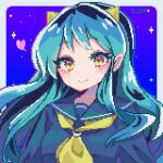  1girl black_serafuku blue_background blue_hair closed_mouth commentary heart highres horns housuke_(flb66i2qnuqy63f) long_hair looking_at_viewer lum neckerchief pixel_art school_uniform serafuku signature smile solo star_(symbol) urusei_yatsura yellow_eyes yellow_neckerchief 