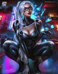  1girl absurdres artist_name black_bodysuit black_cat_(marvel) blue_eyes blurry blurry_background bodysuit breasts city cleavage domino_mask felicia_hardy grey_hair highres large_breasts logan_cure long_hair looking_at_viewer marvel mask paid_reward_available parted_lips red_lips skin_tight solo squatting 