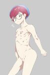  1girl absurdres blue_hair closed_mouth flat_chest glasses grey_background grey_eyes highres looking_at_viewer matsunome multicolored_hair navel nipples nude penny_(pokemon) pokemon pokemon_(game) pokemon_sv puffy_nipples pussy red_hair round_eyewear short_hair simple_background solo two-tone_hair uncensored 