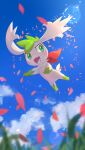  :d absurdres blue_sky blurry blurry_foreground cloud commentary_request day depth_of_field falling_petals fang flying from_below full_body grass green_eyes highres lens_flare looking_at_viewer no_humans nullma open_mouth outdoors petals pokemon pokemon_(creature) shaymin shaymin_(sky) sky smile 