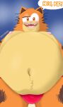  absurd_res animal_humanoid anthro belly big_belly bulge cat_humanoid catskiies clothing felid felid_humanoid feline feline_humanoid fur hi_res humanoid male mammal mammal_humanoid moobs nipples obese obese_anthro orange_body orange_cat orange_fur overweight overweight_anthro overweight_male red_clothing red_speedo red_swimwear solo speech_bubble speedo swimwear vic_(garfield) 