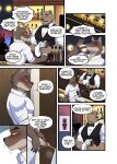  2022 alcohol anthro bear beverage black_nose brown_body brown_fur canid canine canis clothed clothing comic dreamworks drunk duo english_text fur genitals humanoid_genitalia humanoid_penis luwei_(artist) male mammal mr._wolf_(the_bad_guys) muscular muscular_anthro muscular_male peeing penis shirt substance_intoxication text the_bad_guys topwear wolf 