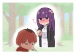  1boy 1girl anger_vein blush fern_(sousou_no_frieren) forest long_hair nanohana_(november.) nature pout punching purple_eyes purple_hair red_hair sousou_no_frieren stark_(sousou_no_frieren) sweatdrop 