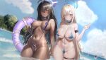  2girls absurdres ahoge areola_slip asuna_(blue_archive) beach black_hair blonde_hair blue_archive blue_eyes blush breasts commission curvy dark-skinned_female dark_skin halo highres karin_(blue_archive) large_breasts long_hair looking_at_viewer midriff multiple_girls navel ocean outdoors pixiv_commission sky slingshot_swimsuit smile swimsuit thick_thighs thigh_strap thighs v vodeferr wide_hips yellow_eyes 