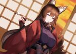  absurdres amagi_(azur_lane) animal_ear_fluff animal_ears azur_lane cotton_swab fox_ears fox_girl fox_tail hand_on_own_face hands_up highres hikimayu holding_cotton_swab indoors japanese_clothes kimono kitsune long_hair long_sleeves looking_at_viewer parted_bangs parted_lips purple_eyes purple_kimono rakuza_(ziware30) red_eyeliner red_kimono smile tail wide_sleeves 