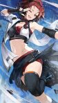  1girl ;d armpits bare_shoulders black_gloves black_thighhighs breasts brown_eyes chixia_(wuthering_waves) crop_top fingerless_gloves gloves goomrrat hand_up highres leg_up looking_at_viewer medium_breasts medium_hair midriff miniskirt nail_polish navel one_eye_closed open_mouth outstretched_arm ponytail red_hair red_nails red_skirt sarashi shirt single_sleeve single_thighhigh skirt smile solo stomach thighhighs white_shirt wuthering_waves 