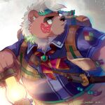  2023 anthro bear belly big_belly black_nose bottomwear brown_body clothing hi_res kemono kimun_kamui_(tas) lagoon_bluebear lifewonders male mammal overweight overweight_male pants shirt solo tokyo_afterschool_summoners topwear 