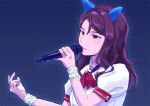 1girl animal_ears brown_hair concentrating ear_covers hair_between_eyes holding holding_microphone horse_ears horse_girl jewelry king_halo_(umamusume) microphone minu music outstretched_arm red_eyes shirt short_sleeves singing solo umamusume upper_body wavy_hair white_shirt 