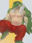  abs anthro back_to_the_dawn bottomwear bulge clothing crocodile crocodilian crocodylid crunchy_(bttd) male muscular nipples pants prison_uniform reptile scalie shirtless simple_background solo towel unknown_artist 