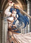  1girl armor armored_dress artist_name belt blue_dress blue_eyes blue_hair breastplate brown_belt closed_mouth commentary crossed_belts detached_sleeves dress english_commentary falchion_(fire_emblem) fire_emblem fire_emblem_awakening fire_emblem_cipher floating_hair hair_between_eyes highres holding holding_sword holding_weapon long_hair looking_at_viewer lucina_(fire_emblem) official_alternate_costume schereas smile solo sword tiara two-tone_dress weapon white_dress white_sleeves 
