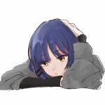  1girl anmn-zzz blue_hair bocchi_the_rock! eyes_visible_through_hair hand_on_own_head highres long_sleeves mole mole_under_eye short_hair solo sulking yamada_ryou yellow_eyes 