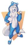  2023 5_fingers absurd_res anthro artist_name canid canine canis clothing female fingers fur hi_res holding_object long_tail mammal pajamas pillow plantigrade rz54 slippers solo tail white_body white_fur wolf 