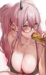 1boy 1girl absurdres blush bra bread breasts character_request cleavage collarbone ear_piercing food glasses highres horns lettuce licking long_hair maru_ccy original piercing pink_hair saliva sandwich sexually_suggestive single_horn solo_focus sweat tomato underwear yellow_eyes 