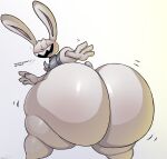  anthro big_butt bottomless butt clothed clothing dot_eyes ellipsis english_text exclamation_point hi_res huge_butt huge_hips huge_thighs hyper hyper_butt lagomorph leporid looking_back male mammal max_(sam_and_max) open_mouth question_mark rabbit sam_and_max schplingnops shirt solo text thick_thighs topwear white_body wide_hips 