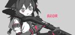  1girl animal_ears arm_belt arm_warmers artist_name bandolier black_gloves blush chinese_commentary commentary_request ears_down gloves greyscale gun highres holding holding_gun holding_weapon looking_at_object lurenjia monochrome necktie open_mouth original over_shoulder pink_gloves raised_eyebrows reloading short_twintails shotgun simple_background solo spot_color sweatdrop twintails two-tone_gloves upper_body weapon weapon_over_shoulder wide-eyed 