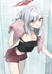 1girl absurdres after_bathing blue_archive breasts dolphin_shorts drying drying_hair grey_hair grin halo highres leaning_forward looking_at_viewer medium_hair midriff mutsuki_(blue_archive) navel pink_eyes pink_towel pointy_ears red_shorts short_shorts shorts slit_pupils small_breasts smile solo steam stomach strap_slip swept_bangs syhan tank_top wet 