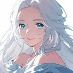  1girl bare_shoulders blue_eyes commentary english_commentary final_fantasy final_fantasy_xiv half_updo long_hair looking_at_viewer lyra-kotto off_shoulder portrait simple_background smile solo venat_(ff14) wavy_hair white_background white_hair 