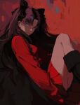  1girl 96yottea black_bow black_footwear black_hair blue_eyes bow closed_mouth fate/stay_night fate_(series) hair_bow highres light_smile long_sleeves looking_at_viewer parted_bangs red_background red_shirt shirt simple_background sitting skirt solo tohsaka_rin twintails 