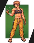  1girl abs bandage_on_face bandages brown_hair clenched_hand gloves highres jewelry looking_to_the_side muscular muscular_female necklace pants persona persona_4 satonaka_chie short_hair slippers solo sweatpants teeth toned vj99 