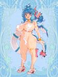  1girl armlet blue_background blue_eyes blue_hair blue_theme bracelet breasts choker curvy dairoku_ryouhei dragon_girl dragon_horns dragon_tail dragon_wings electricity flower full_body hair_flower hair_ornament highres holding holding_innertube horns huge_breasts innertube jewelry long_hair looking_at_viewer navel official_art open_mouth photoshop_(medium) ryoji_(nomura_ryouji) sandals seashell shell solo standing starfish swimsuit tail tail_flower tail_ornament thighlet wet wings 