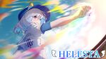  1girl animal_on_head baseball baseball_uniform bird bird_on_head blue_hair blue_headwear colored_inner_hair grey_hair highres lize_helesta medium_hair multicolored_hair nijisanji on_head ponytail rei_(farta_litia) sebastian_piyodore shirt smile solo sportswear streaked_hair virtual_youtuber white_shirt 