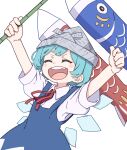  1girl absurdres arms_up blue_dress blue_hair blush_stickers cirno closed_eyes collared_shirt detached_wings dress fairy highres ice ice_wings kame_(kamepan44231) kodomo_no_hi koinobori open_mouth paper_hat paper_kabuto shirt short_hair short_sleeves simple_background smile solo touhou white_background white_shirt windsock wings 
