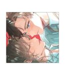  1boy 1girl aa_asu artem_wing_(tears_of_themis) blue_eyes border brown_hair closed_eyes collared_shirt highres lips long_hair red_background rosa_(tears_of_themis) shirt short_hair smile tears_of_themis upper_body white_border white_shirt 