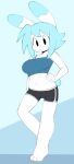  angstrom blue_hair bottomwear clothing female hair hand_on_hip hi_res hotpants lagomorph leporid mammal molly_(angstrom) rabbit shirt shorts simple_background small_waist solo tank_top topwear 